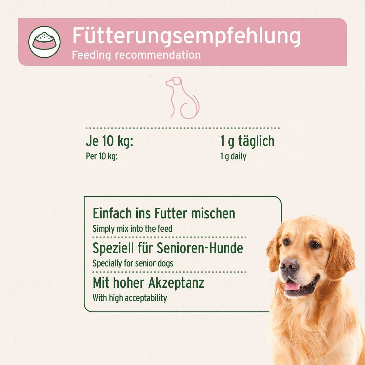 Fütterungsempfehlung für AniForte® Senior Active mit Hund, speziell für Senioren mit hoher Akzeptanz.