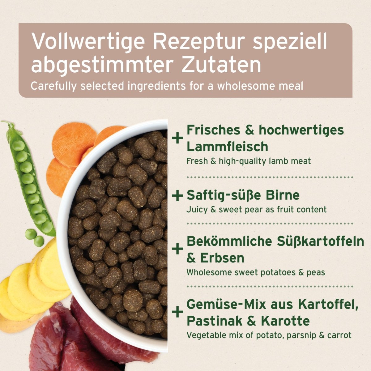 Halbfeuchtes Trockenfutter FarmsLamb mit hochwertigem Lamm, Süßkartoffeln und Gemüse-Mix für ausgewachsene Hunde