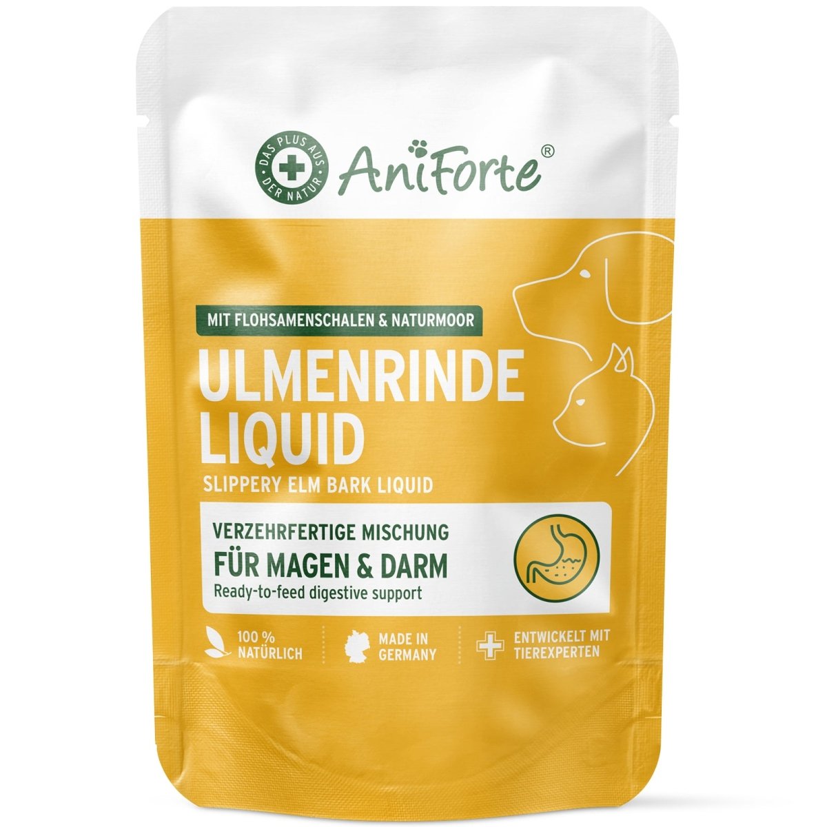 AniForte® Ulmenrinde Liquid für Hunde und Katzen zur Magen-Darm-Unterstützung in praktischer to-go-Form.