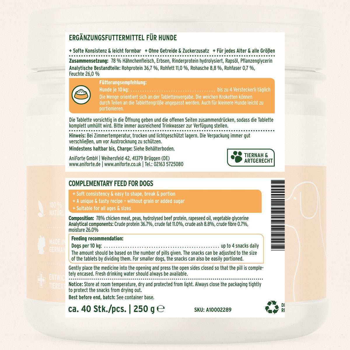 Produktetikett Versteckerli für Hunde, weiche Konsistenz, leicht formbar, ohne Getreide, schmackhafte Rezeptur mit Hähnchenfleisch. Inhaltsangabe. 