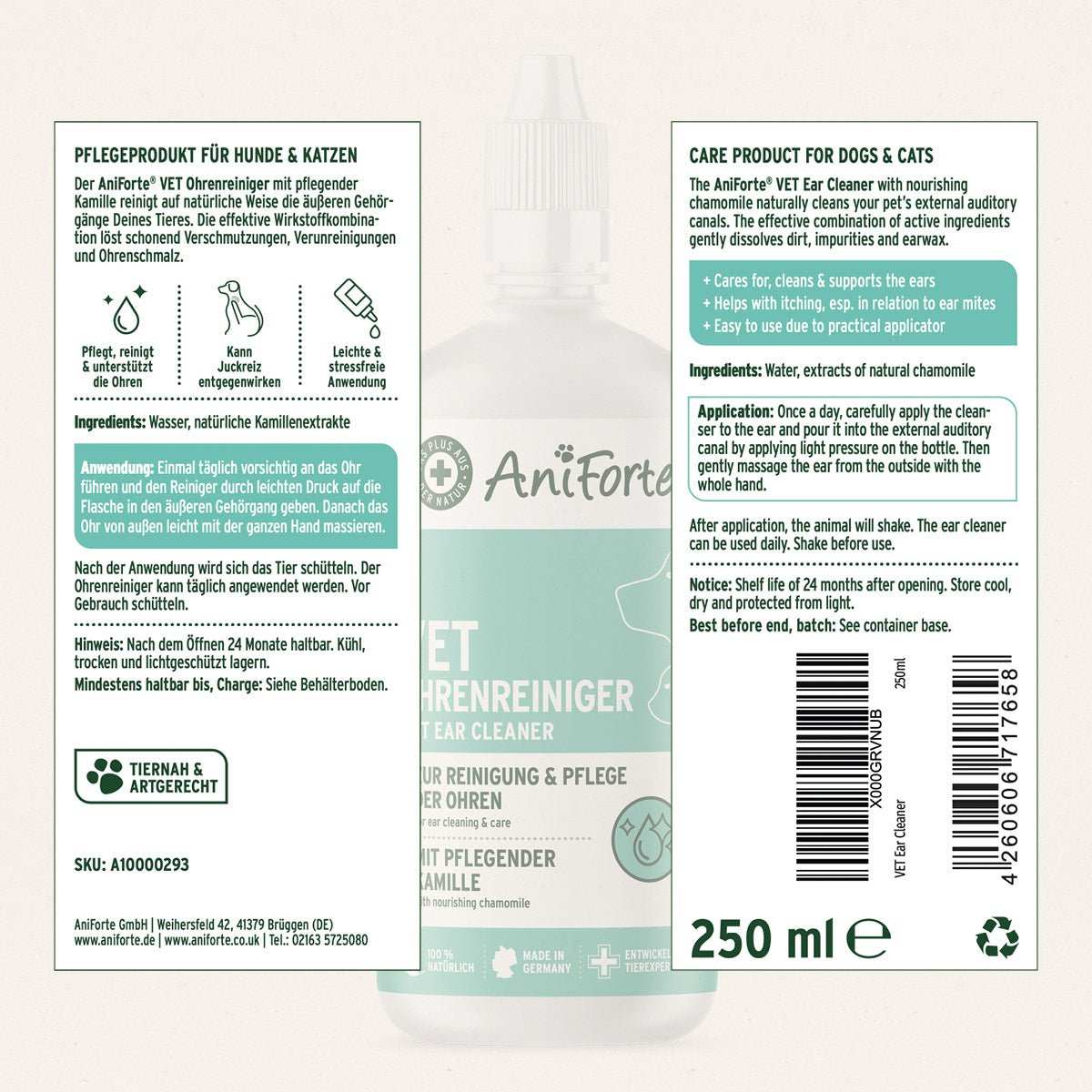Etikett und Flasche VET Ohrenreiniger Kamille - AniForte