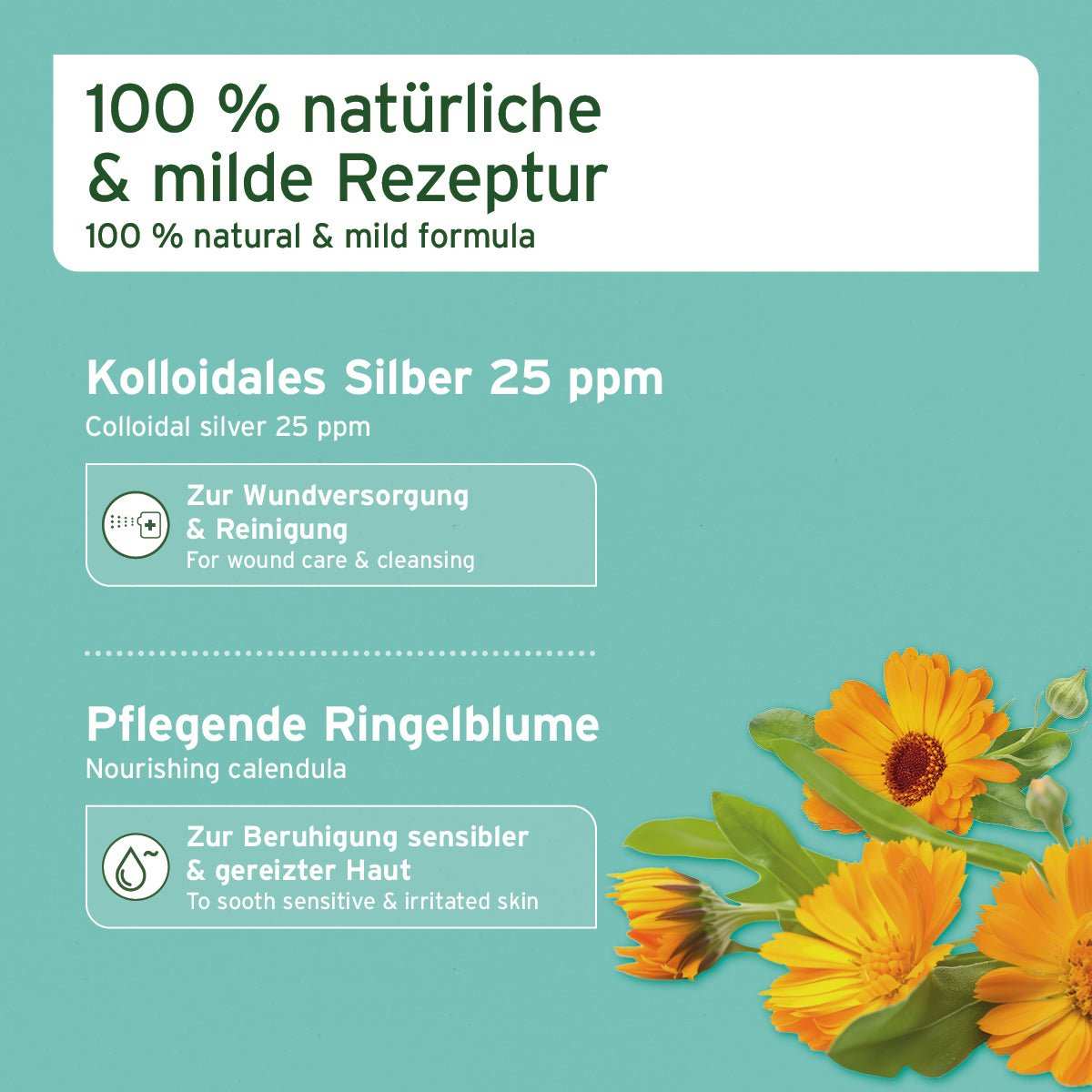 Ringelblume und Hinweis auf natürliche und milde Rezeptur. 