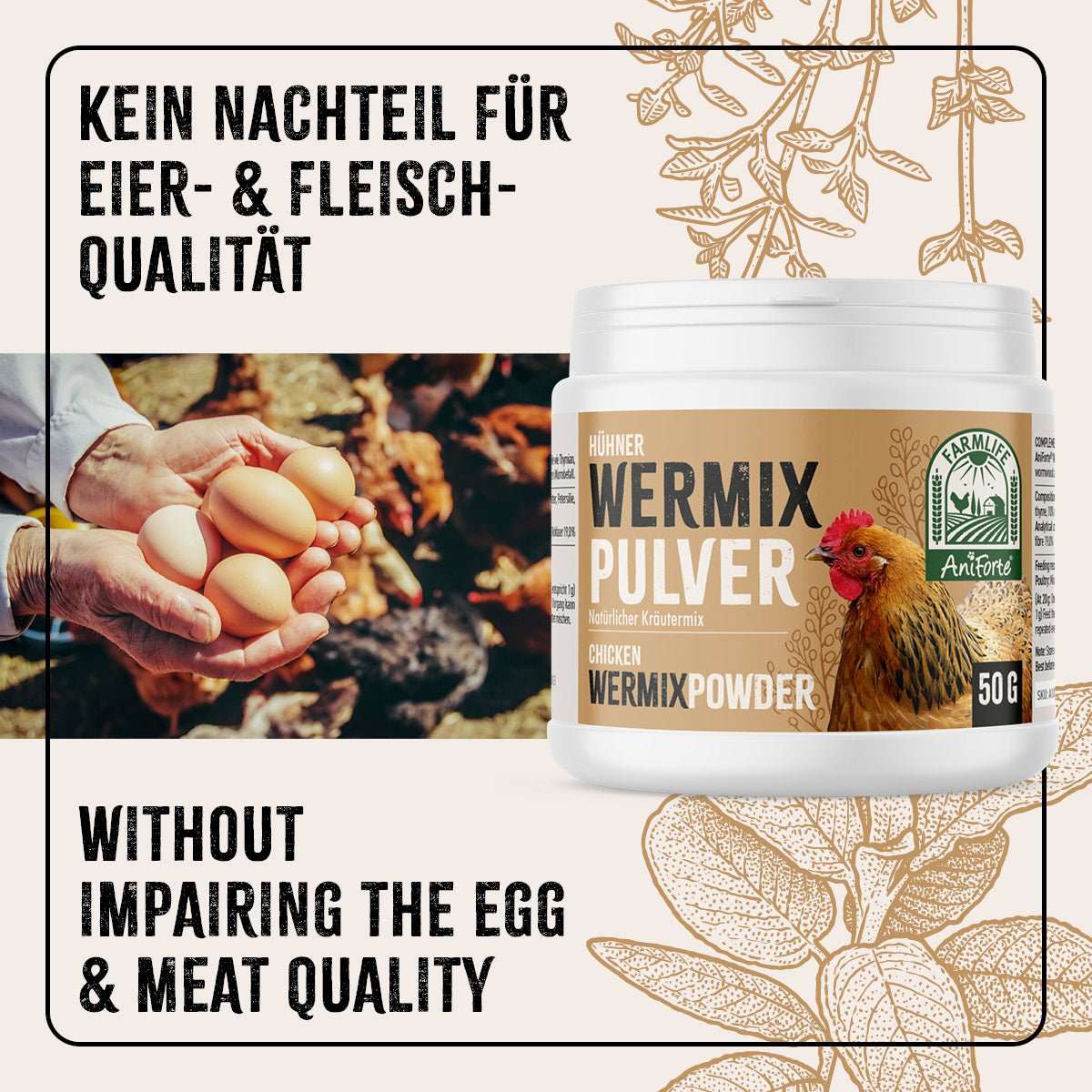 Hand mit Eiern und einer Dose Wermix Pulver mit Huhn auf der Verpackung. 