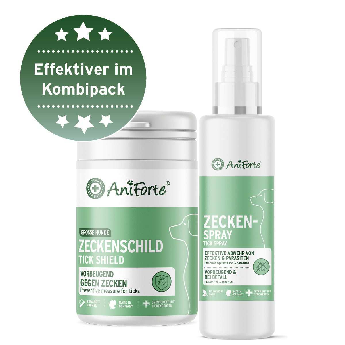 Zecken-Schutz M für Hunde, Kombination aus AniForte® ZeckenSchild und Zeckenspray, effektiver Schutz gegen Zecken, umweltfreundlich.