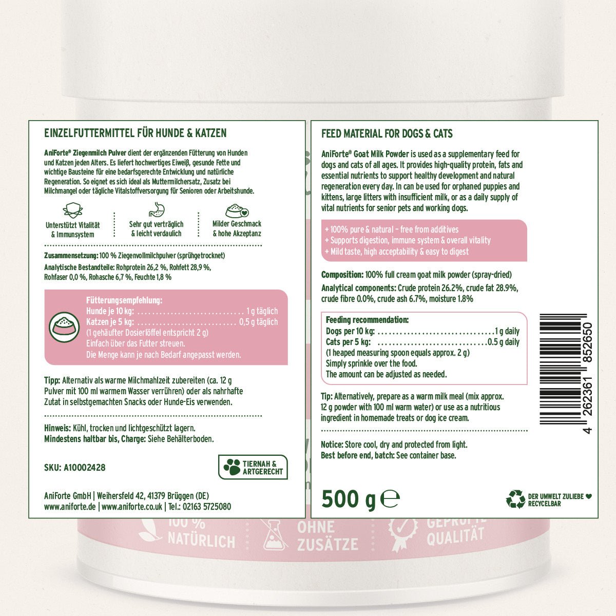AniForte® Ziegenmilch Pulver für Hunde und Katzen – hochwertige, verträgliche Nährstoffquelle für alle Altersstufen