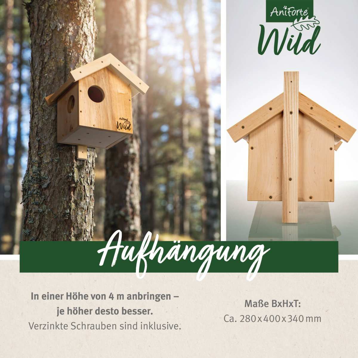 Eichhörnchenkobel aus robustem Massivholz für Garten und Balkon, witterungsfest und langlebig.