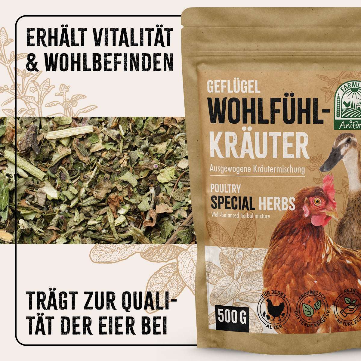 Verpackung FarmLife Geflügel Wohlfühlkräuter mit Huhn auf der Verpackung. 