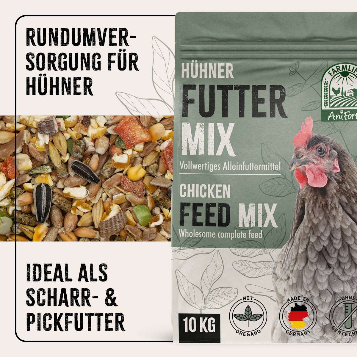 FarmLife Hühner Futter Mix mit Oregano neben Abbildung der Futtermixtüte. Auf der Tüte ist ein gräuliches Huhn zu sehen. 