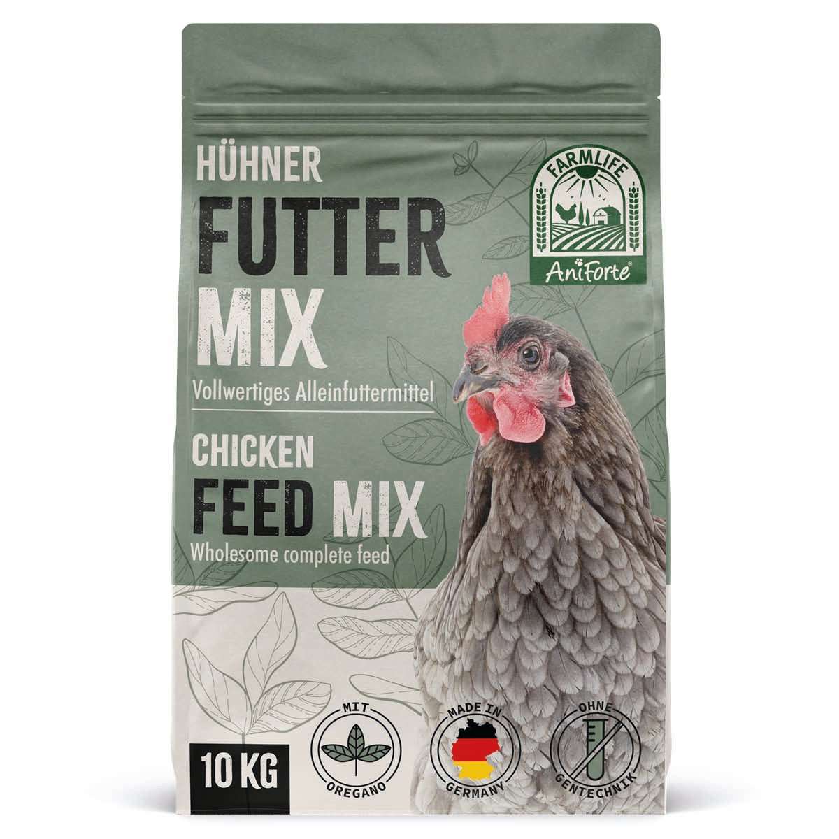 FarmLife Hühner Futter Mix mit Oregano in 10kg Sack, Premium Hühnerfutter für ausgewogene Ernährung, enthält Körner, Saaten, Gemüse, Oregano.