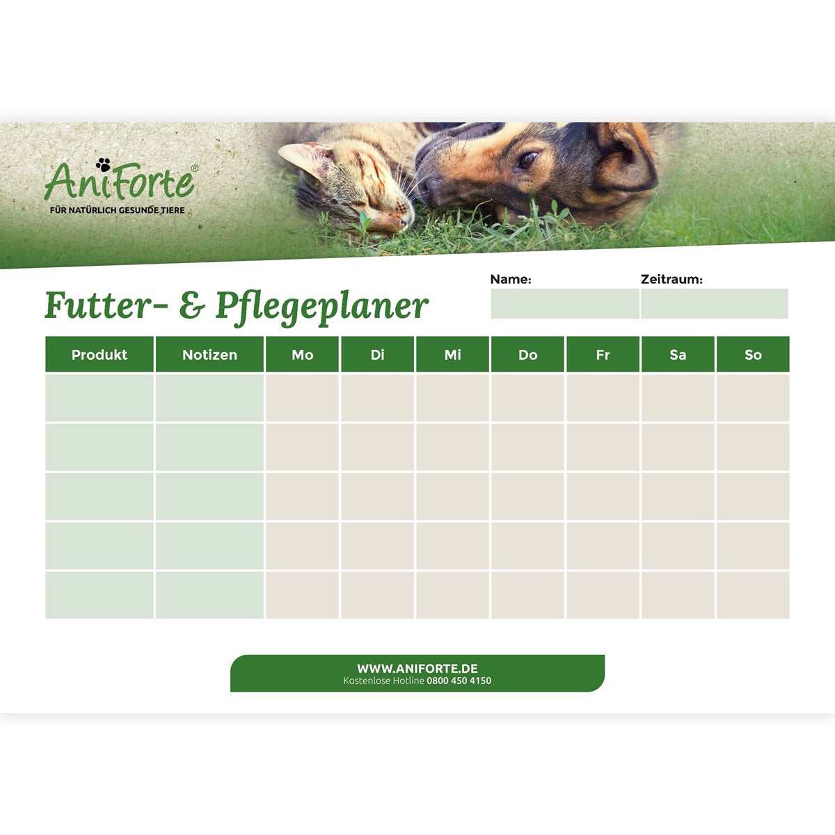 Doppelseitiger Futter- & Pflegeplaner AniForte® für Tierhalter, Größe A5, mit Spalten für Produkt, Notizen und Wochentage.