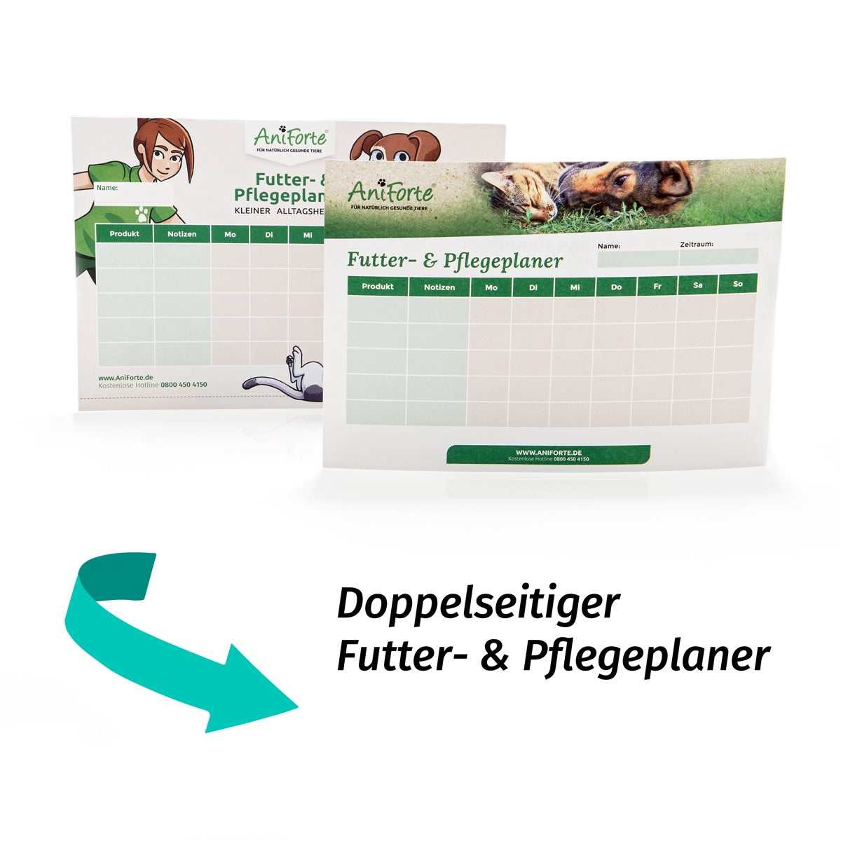 Doppelseitiger Futter- & Pflegeplaner in A5-Querformat für Tiere.