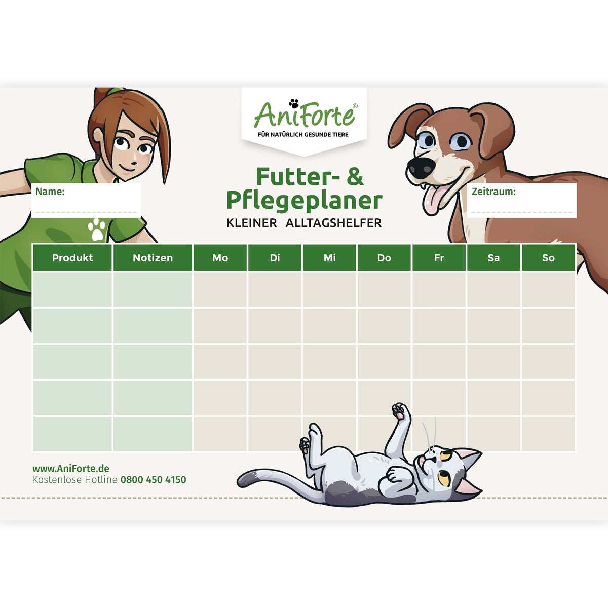 Doppelseitiger Futter- & Pflegeplaner für Tiere in A5 Querformat.