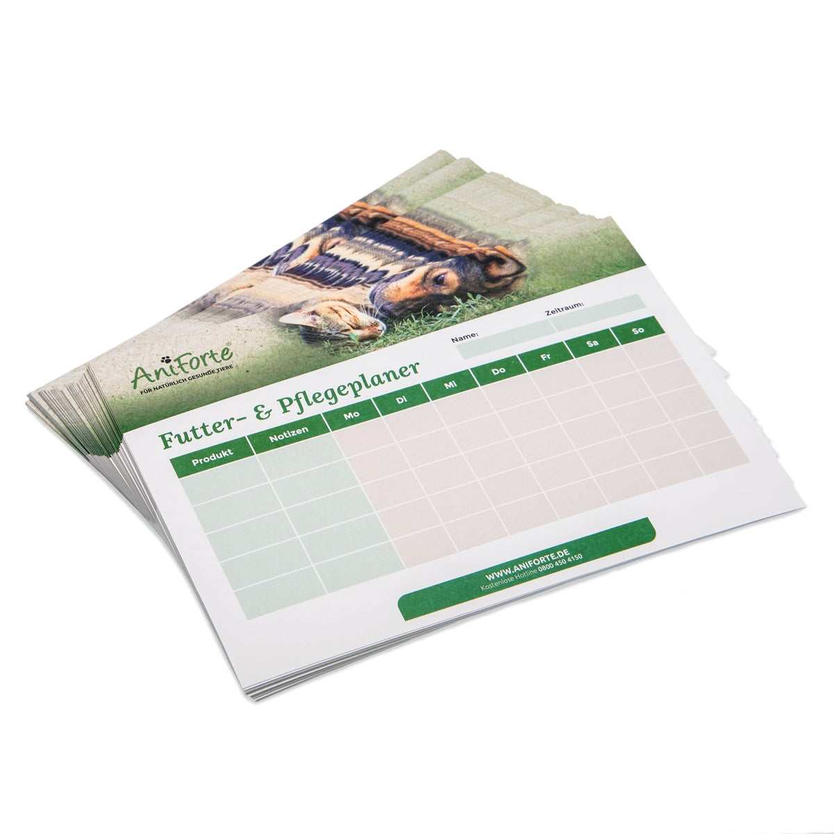 Doppelseitiger Futter- & Pflegeplaner für Tiere im A5-Querformat zur einfachen Organisation von Futter-, Ergänzungsfuttermitteln und Pflegeprodukten.