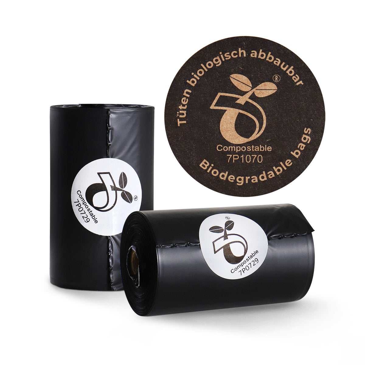 Biologisch abbaubare Hundekotbeutel von AniForte®, umweltfreundlich und geruchsfrei, schwarze Rollen mit Logo.