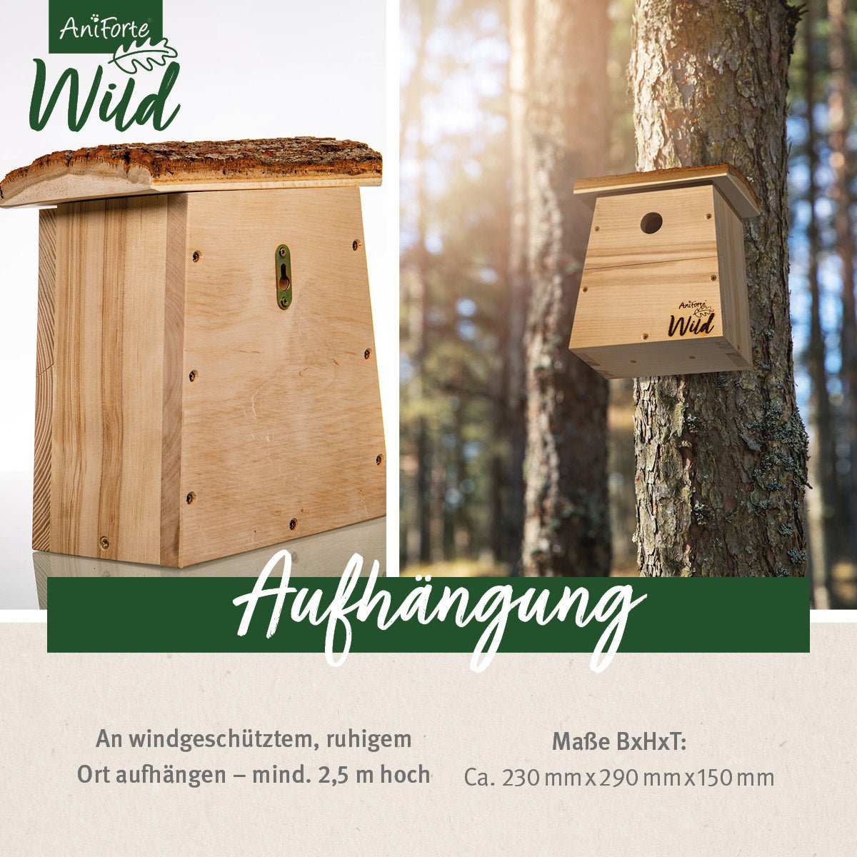 Nistkasten aus naturbelassenem Holz mit 28 mm Einflugloch, ideal für Blaumeisen im Garten.
