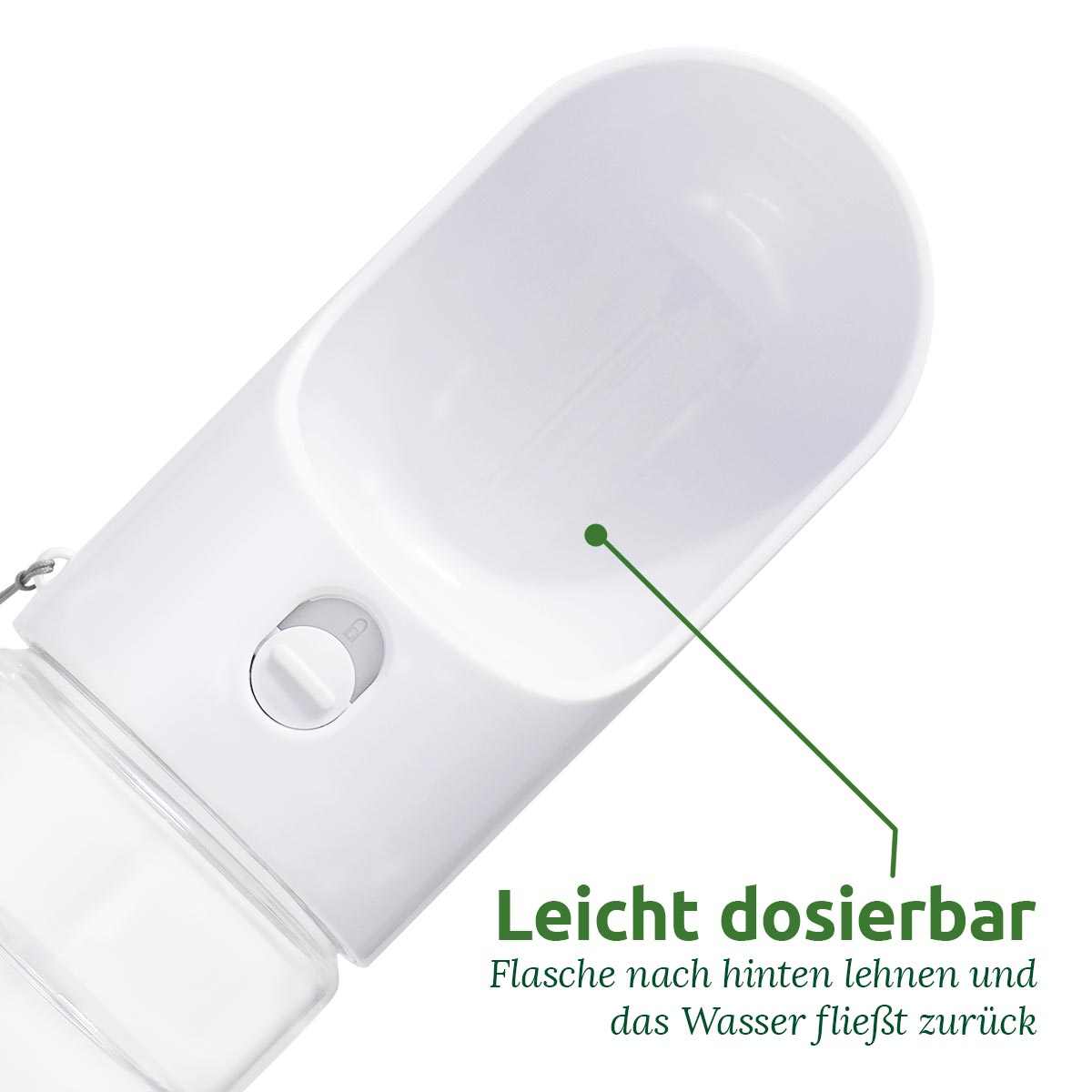 Trinkflasche für Hunde mit integriertem Trinknapf, auslaufsicher, leicht dosierbar, ideal für unterwegs, 400 ml Volumen.